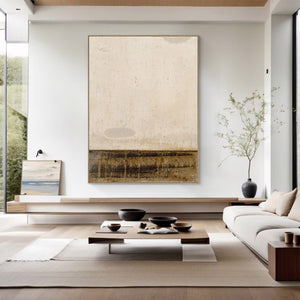 Large Minimalist Abstract Painting – Modern Beige and Dark Brown Canvas Art Hand Painted for Living Room Decor