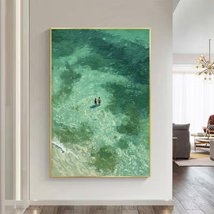 Large Coastal Ocean Swimmers Canvas Wall Art Textured Seascape Oil Painting for Bedroom & Entryway Decor
