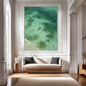 Large Coastal Ocean Swimmers Canvas Wall Art Textured Seascape Oil Painting for Bedroom & Entryway Decor
