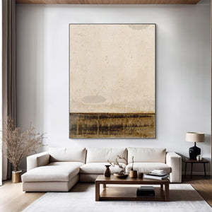 Large Minimalist Abstract Painting – Modern Beige and Dark Brown Canvas Art Hand Painted for Living Room Decor
