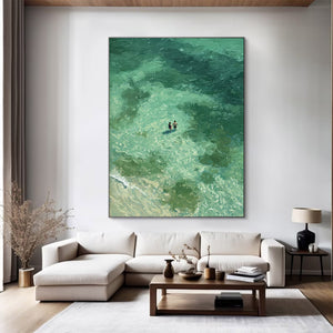 Large Coastal Ocean Swimmers Canvas Wall Art Textured Seascape Oil Painting for Bedroom & Entryway Decor