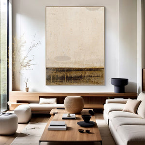 Large Minimalist Abstract Painting – Modern Beige and Dark Brown Canvas Art Hand Painted for Living Room Decor