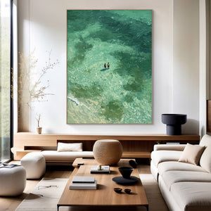 Large Coastal Ocean Swimmers Canvas Wall Art Textured Seascape Oil Painting for Bedroom & Entryway Decor