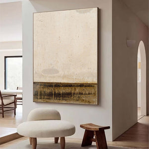 Large Minimalist Abstract Painting – Modern Beige and Dark Brown Canvas Art Hand Painted for Living Room Decor