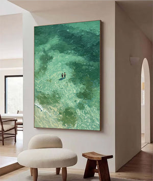 Large Coastal Ocean Swimmers Canvas Wall Art Textured Seascape Oil Painting for Bedroom & Entryway Decor