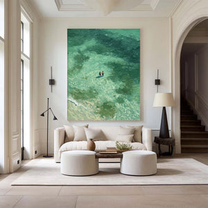 Large Coastal Ocean Swimmers Canvas Wall Art Textured Seascape Oil Painting for Bedroom & Entryway Decor