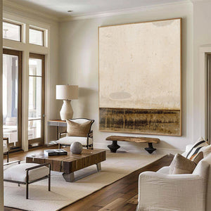 Large Minimalist Abstract Painting – Modern Beige and Dark Brown Canvas Art Hand Painted for Living Room Decor