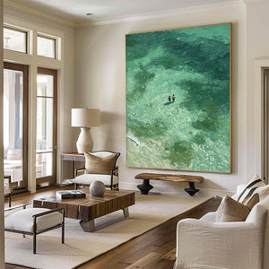 Large Coastal Ocean Swimmers Canvas Wall Art Textured Seascape Oil Painting for Bedroom & Entryway Decor