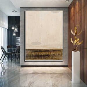 Large Minimalist Abstract Painting – Modern Beige and Dark Brown Canvas Art Hand Painted for Living Room Decor