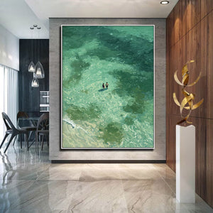 Large Coastal Ocean Swimmers Canvas Wall Art Textured Seascape Oil Painting for Bedroom & Entryway Decor