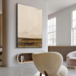 Large Minimalist Abstract Painting – Modern Beige and Dark Brown Canvas Art Hand Painted for Living Room Decor