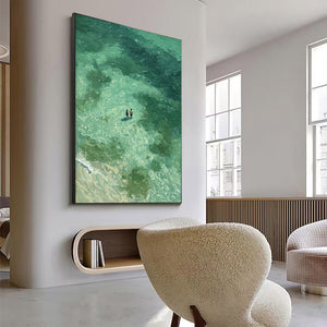 Large Coastal Ocean Swimmers Canvas Wall Art Textured Seascape Oil Painting for Bedroom & Entryway Decor
