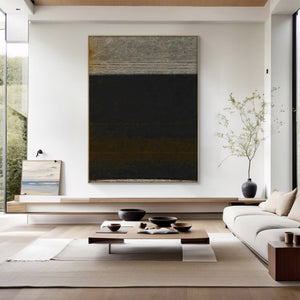 Large Dark Abstract Painting – Modern Hand Painted Black and Gold Tone Art for Stylish Interior Design
