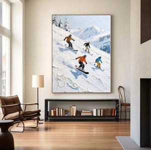 Large Abstract Mountain Skiing Scene Textured Oil Painting Winter Landscape Canvas Art for Modern Home Decor