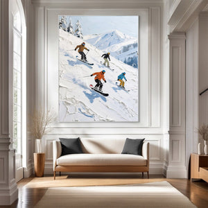 Large Abstract Mountain Skiing Scene Textured Oil Painting Winter Landscape Canvas Art for Modern Home Decor