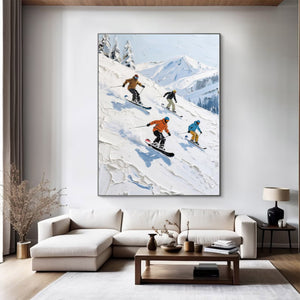 Large Abstract Mountain Skiing Scene Textured Oil Painting Winter Landscape Canvas Art for Modern Home Decor