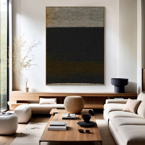 Large Dark Abstract Painting – Modern Hand Painted Black and Gold Tone Art for Stylish Interior Design