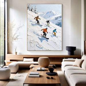 Large Abstract Mountain Skiing Scene Textured Oil Painting Winter Landscape Canvas Art for Modern Home Decor