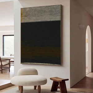 Large Dark Abstract Painting – Modern Hand Painted Black and Gold Tone Art for Stylish Interior Design