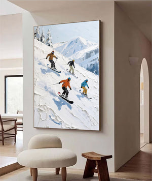 Large Abstract Mountain Skiing Scene Textured Oil Painting Winter Landscape Canvas Art for Modern Home Decor