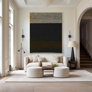Large Dark Abstract Painting – Modern Hand Painted Black and Gold Tone Art for Stylish Interior Design