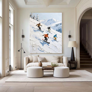 Large Abstract Mountain Skiing Scene Textured Oil Painting Winter Landscape Canvas Art for Modern Home Decor
