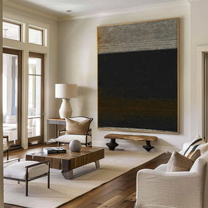 Large Dark Abstract Painting – Modern Hand Painted Black and Gold Tone Art for Stylish Interior Design