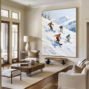 Large Abstract Mountain Skiing Scene Textured Oil Painting Winter Landscape Canvas Art for Modern Home Decor