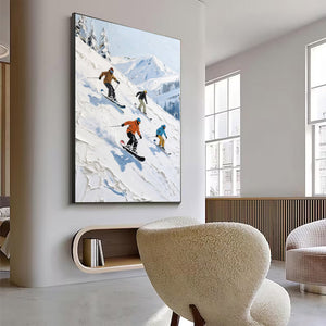 Large Abstract Mountain Skiing Scene Textured Oil Painting Winter Landscape Canvas Art for Modern Home Decor