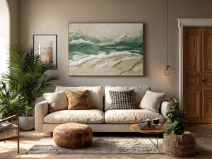Large Abstract Ocean Wave Oil Painting Textured Green Coastal Canvas Wall Art for Living Room Decor