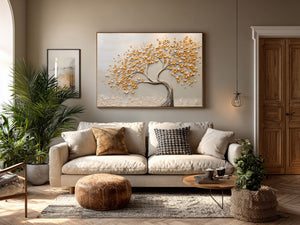 Large Wabi-Sabi Textured Golden Tree of Life Canvas Wall Art Textured Oil Painting for Entryway & Bedroom Decor