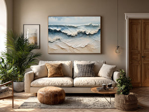 Large 3D Textured Ocean Wave Hand-Painted Oil Painting Coastal Canvas Wall Art for Living Room Decor