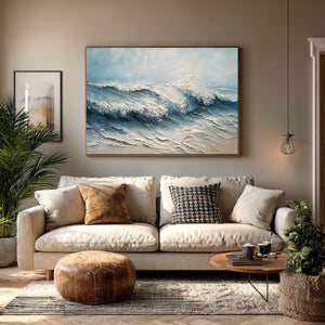 Large Wabi-Sabi Textured Beach Wave Canvas Wall Art Textured Oil Painting for Bedroom & Entryway Decor