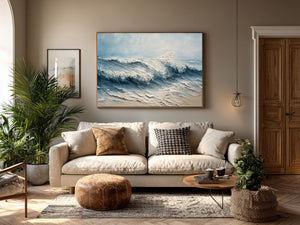 Large Wabi-Sabi Textured Beach Wave Canvas Wall Art Textured Oil Painting for Bedroom & Entryway Decor