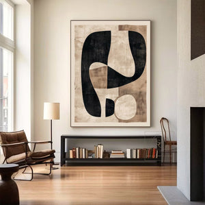 Large Modern Abstract Organic Shape Canvas Art Black & Beige Textured Painting for Interior & Office Decor