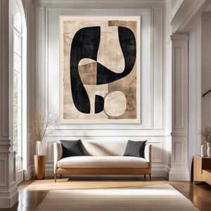 Large Modern Abstract Organic Shape Canvas Art Black & Beige Textured Painting for Interior & Office Decor