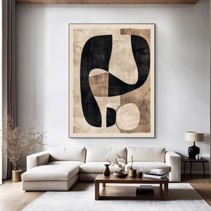 Large Modern Abstract Organic Shape Canvas Art Black & Beige Textured Painting for Interior & Office Decor