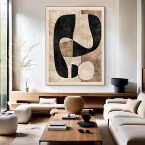 Large Modern Abstract Organic Shape Canvas Art Black & Beige Textured Painting for Interior & Office Decor