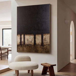 Large Dark Abstract Painting – Modern Hand Painted Black and Bronze Tone Art for Stylish Interior Design
