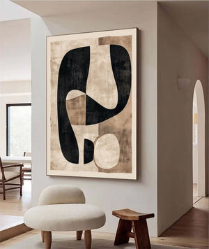Large Modern Abstract Organic Shape Canvas Art Black & Beige Textured Painting for Interior & Office Decor