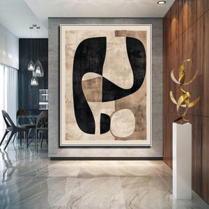 Large Modern Abstract Organic Shape Canvas Art Black & Beige Textured Painting for Interior & Office Decor