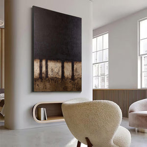 Large Dark Abstract Painting – Modern Hand Painted Black and Bronze Tone Art for Stylish Interior Design