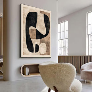 Large Modern Abstract Organic Shape Canvas Art Black & Beige Textured Painting for Interior & Office Decor