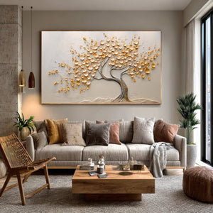 Large 3D Textured Golden Money Tree Hand-Painted Oil Painting Luxury Canvas Wall Art for Living Room Decor