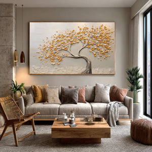 Large Wabi-Sabi Textured Golden Tree of Life Canvas Wall Art Textured Oil Painting for Entryway & Bedroom Decor