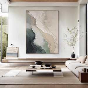 Large Abstract Coastal Landscape Textured Oil Painting Wabi-Sabi Green Beige Canvas Wall Art for Living Room Decor