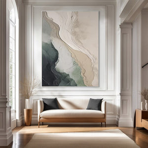 Large Abstract Coastal Landscape Textured Oil Painting Wabi-Sabi Green Beige Canvas Wall Art for Living Room Decor