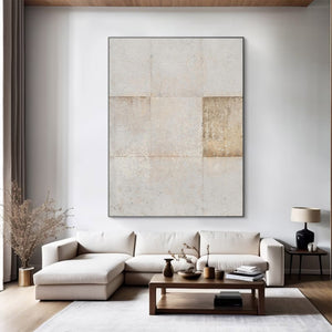 Large Minimalist Abstract Painting – Modern Beige and Cream Grid Canvas Art Hand Painted for Living Room Decor