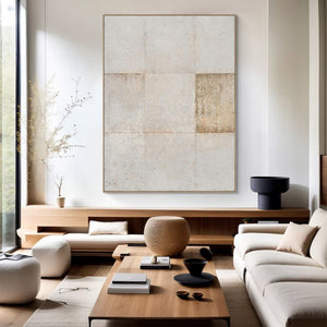 Large Minimalist Abstract Painting – Modern Beige and Cream Grid Canvas Art Hand Painted for Living Room Decor