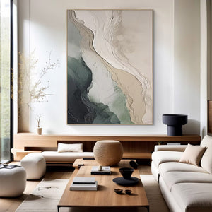 Large Abstract Coastal Landscape Textured Oil Painting Wabi-Sabi Green Beige Canvas Wall Art for Living Room Decor